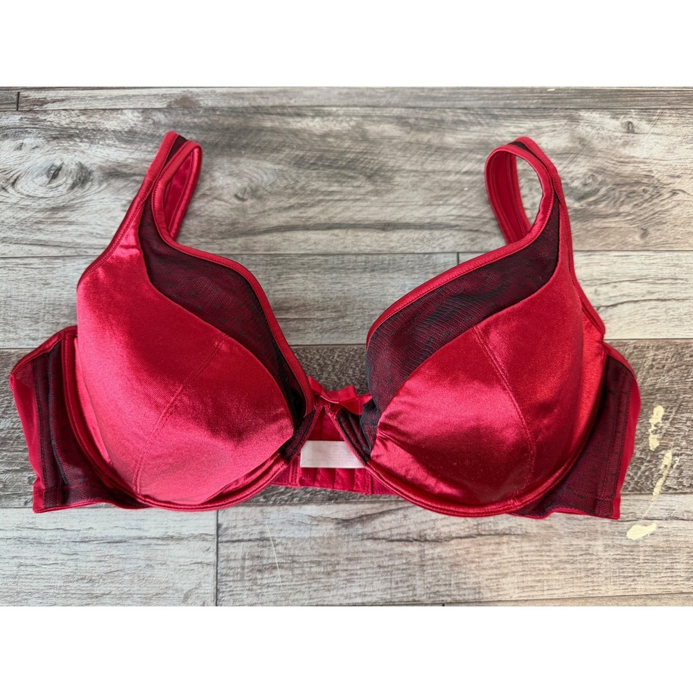 Cacique Underwire‎ Bra 42DD Red Satin Mesh Full Coverage Lingerie Romantic Sexy